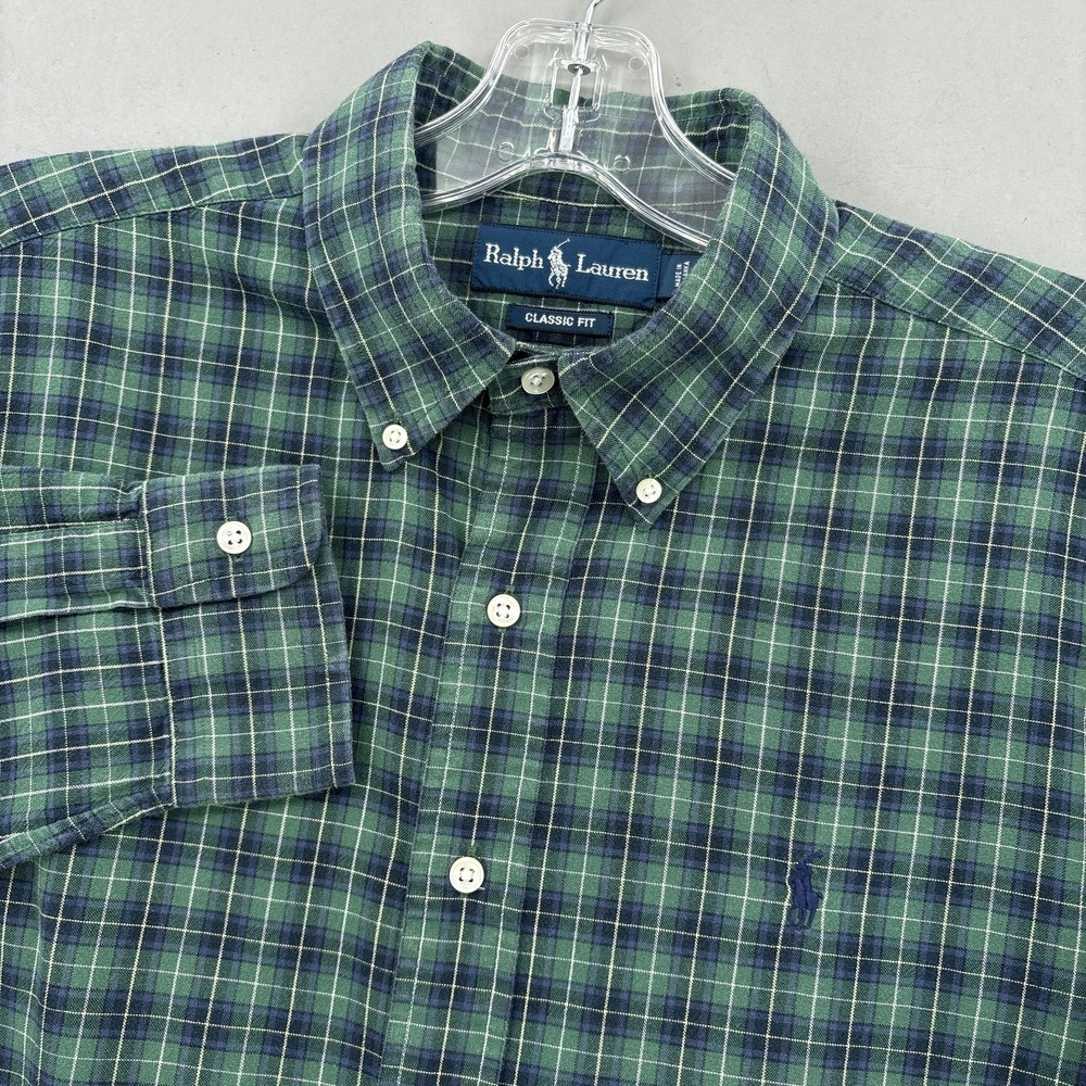 Ralph Lauren Shirt Mens Large Green Plaid Classic Button Up Blackwatch Oxford‎